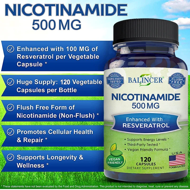 Niacinamide with Resveratrol - 120 Veggie Capsules, Vitamin B3 500 Mg - Supplement To Support NAD, Skin Cell Health and Energy