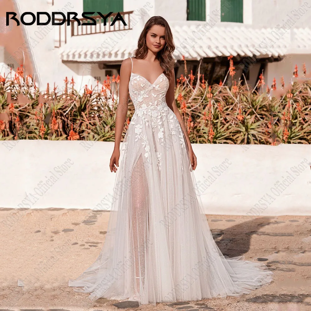 RODDRSYA Glitter Sweetheart Wedding Dresses For Woman Spaghetti Straps A-Line Applique Bride Gowns Backless Bridal Dresses