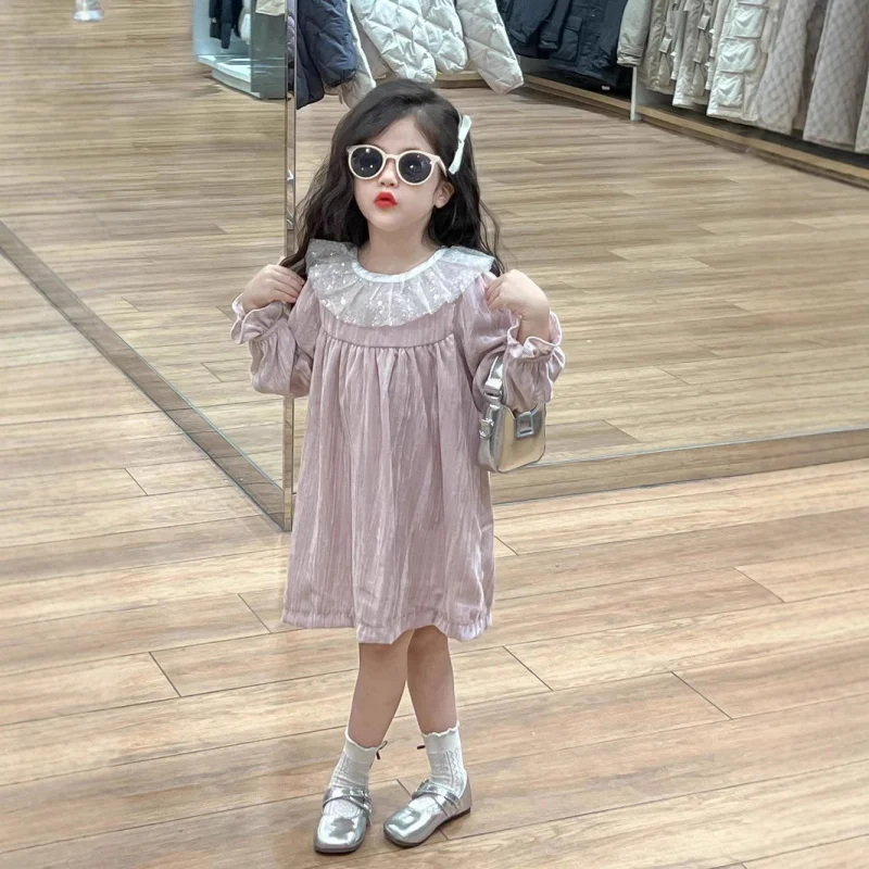 

Girls Autumn New Pink Velvet Temperament Birthday Sequin Lotus Leaf Collar Princess Dress