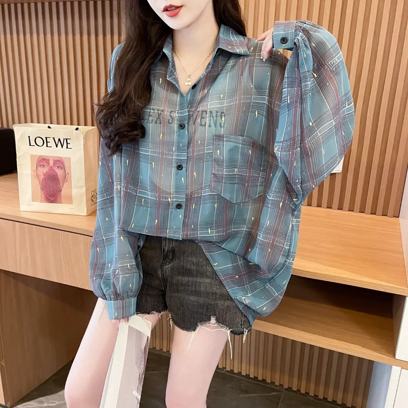 

Stylish Checkered Long Sleeve Shirt Jacket For Women Loose And Fashionable Sun Protection Blouse