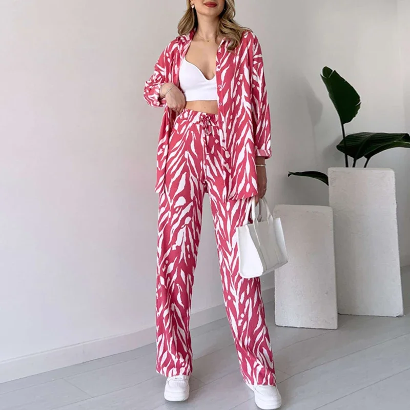 

Spring Summer Women 2pc Set Casual Long Sleeve Loose Blouse And High Waist Pants Outfits Fashion Print Lady Shirt Two Piece Suit