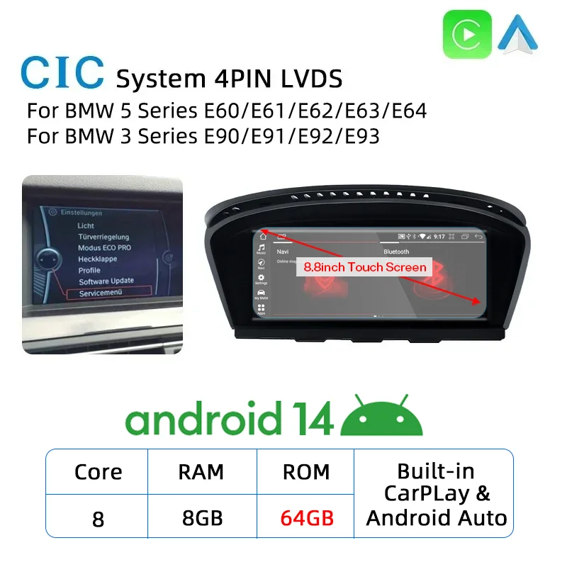 Android 14 Draadloos Carplay Scherm voor BMW E60 E61 E62 E63 E90 E91 E92 2005-2012 Autoradio Multimedia Speler Navigatie GPS DSP