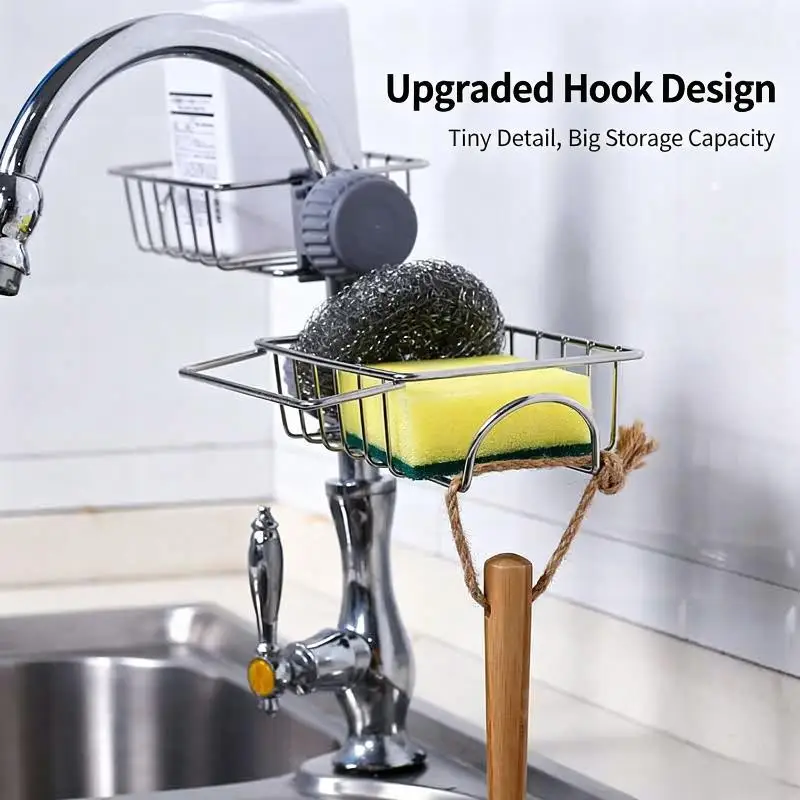 @*Stainless Steel Faucet Caddy Rust Proof Non Slip Easy Installation Kitchen Sink Organizer for Soap Sponge Scrubber Dishcloth