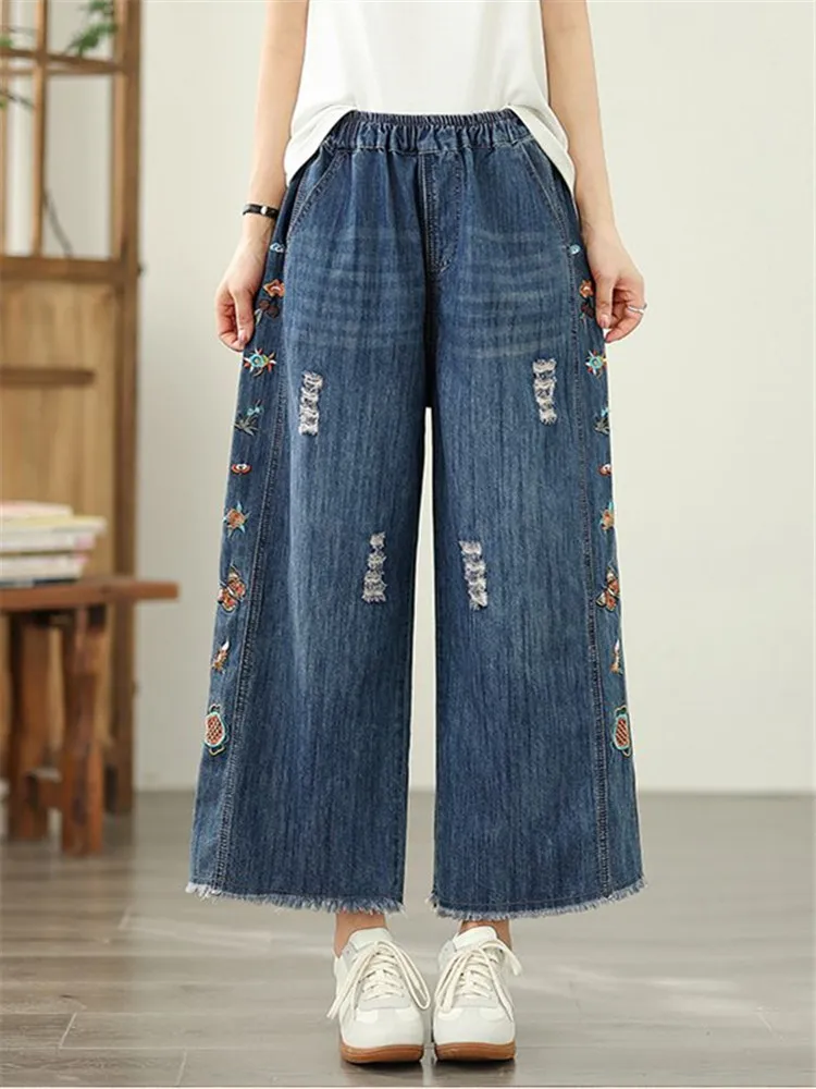 

Ankle Length Embroidery Jeans for Women 2025 Spring Summer Fashion Elastic Waist Loose Casual Ripped Holes Vintage Denim Pants