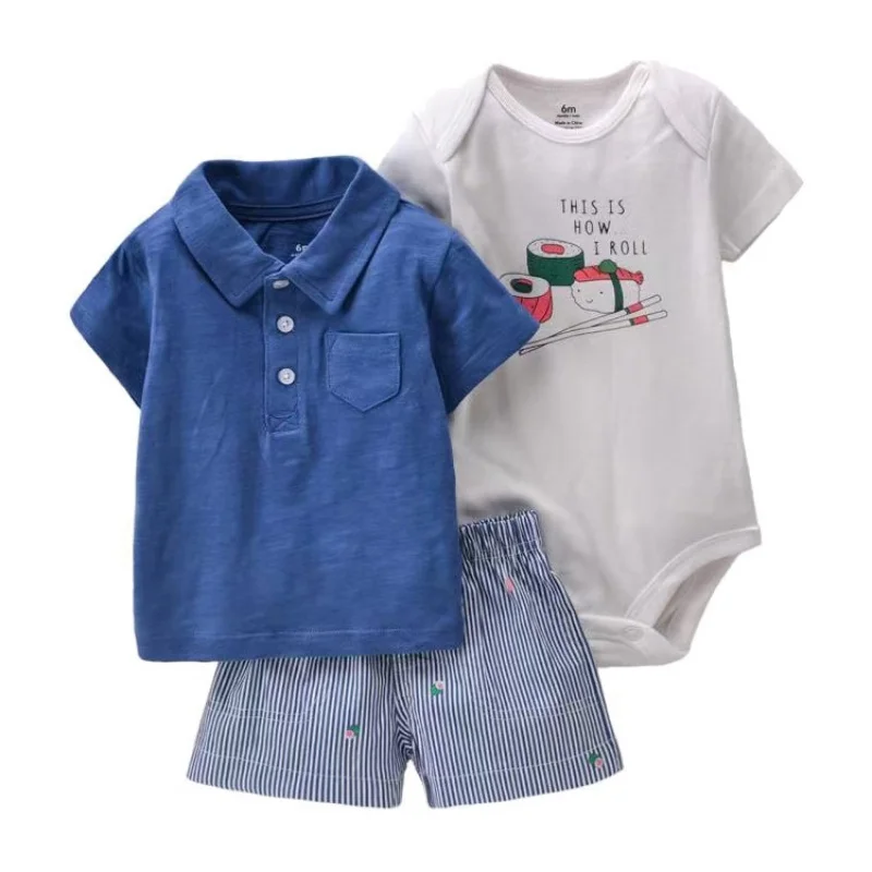 Children\'s Summer New Cute Cotton Baby Boys Clothes Suits Kids Fashion Cotton Streak Shirt Printed+Shorts+jumpsuit  3Pcs Outfits