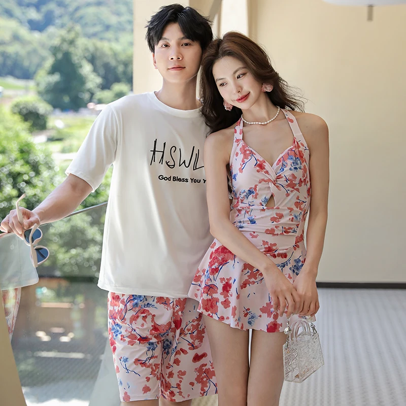 Women\'s One Piece Swimwear Dress Mens Shorts Couple Swimwear Flower Print Lover\'s Beach Wear Bathing Suit 2025