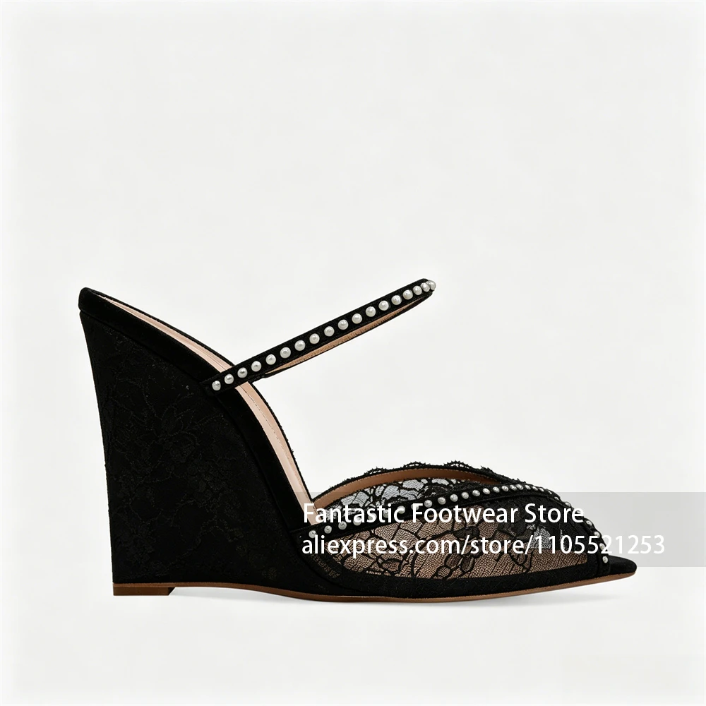 Lace Peep Toe Wedge Mules Pearl Embellished High Heel Slippers Elegant Bridal Wedding Shoes Handmade Dress Footwear for Summer view 5
