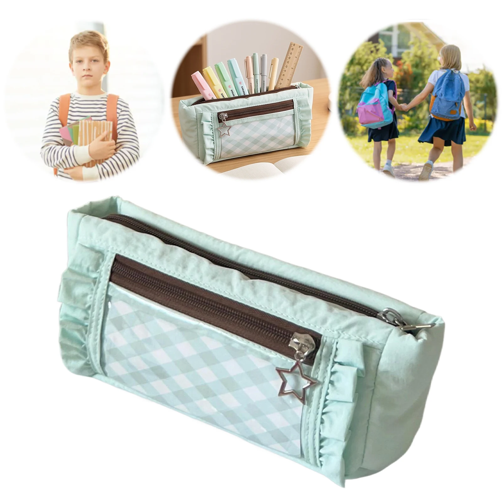 Large Capacity Pencil Bag Clear Window Lace Trim Double Zipper Pen Pouch for Women