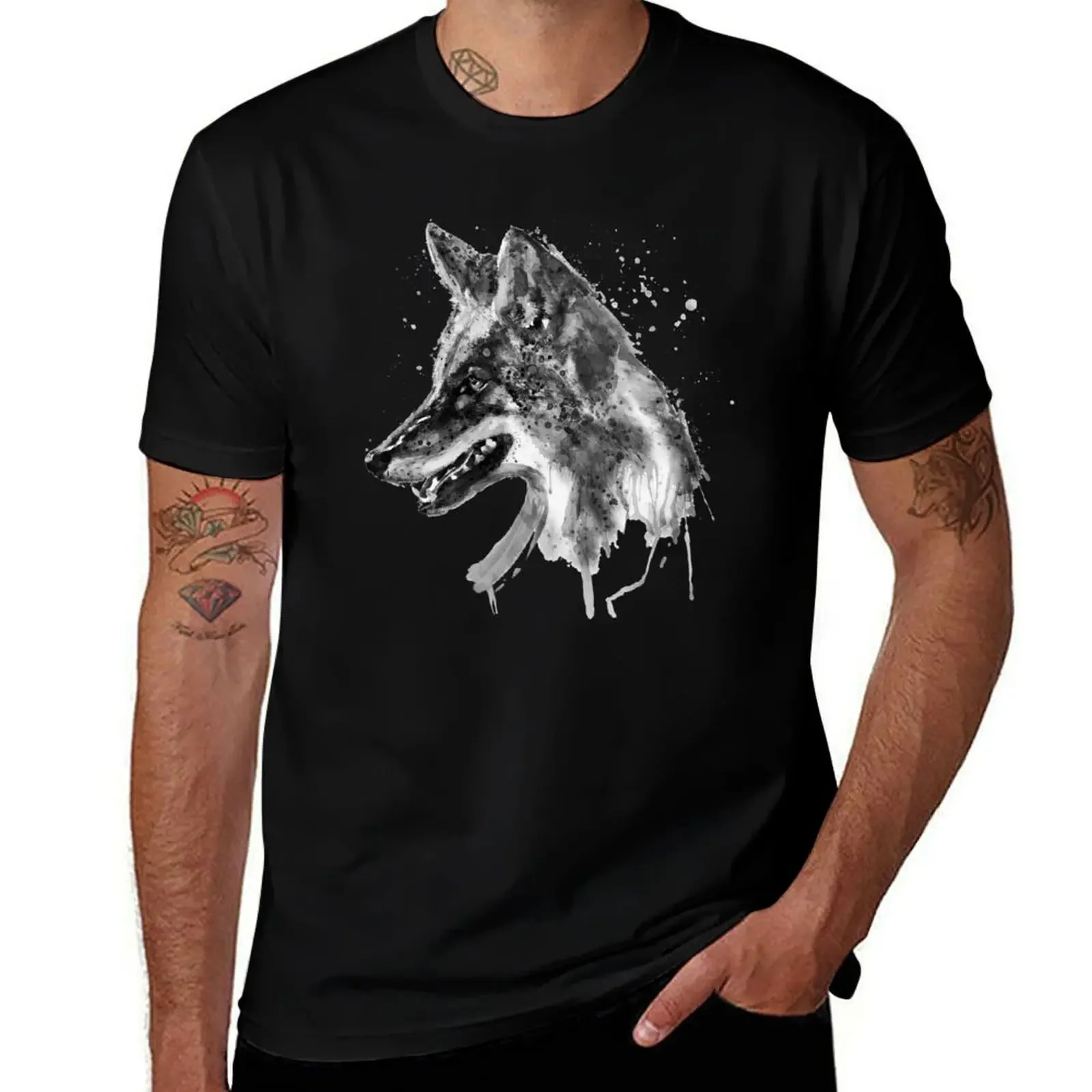 Black and White Coyote Head T-Shirt rapper graphic tees quick drying men clothings