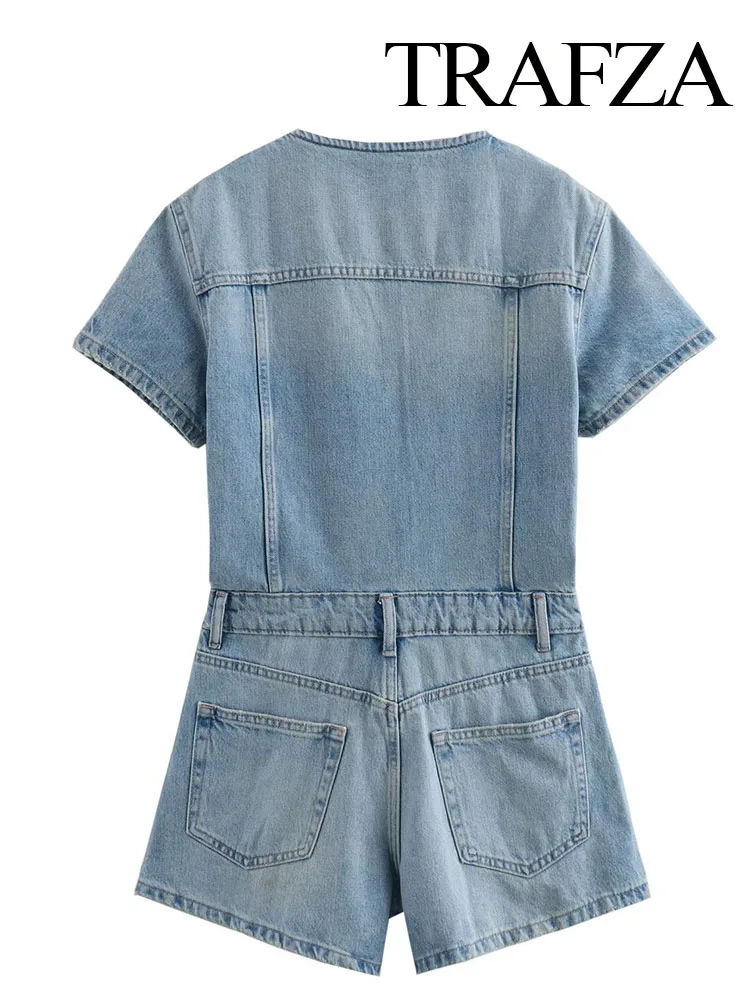 TRAFZA Summer Fashion Women Denim Jumpsuit Solid Color Short Sleeve V-Neck Pocket Decoration Jednorzędowe krótkie kombinezony