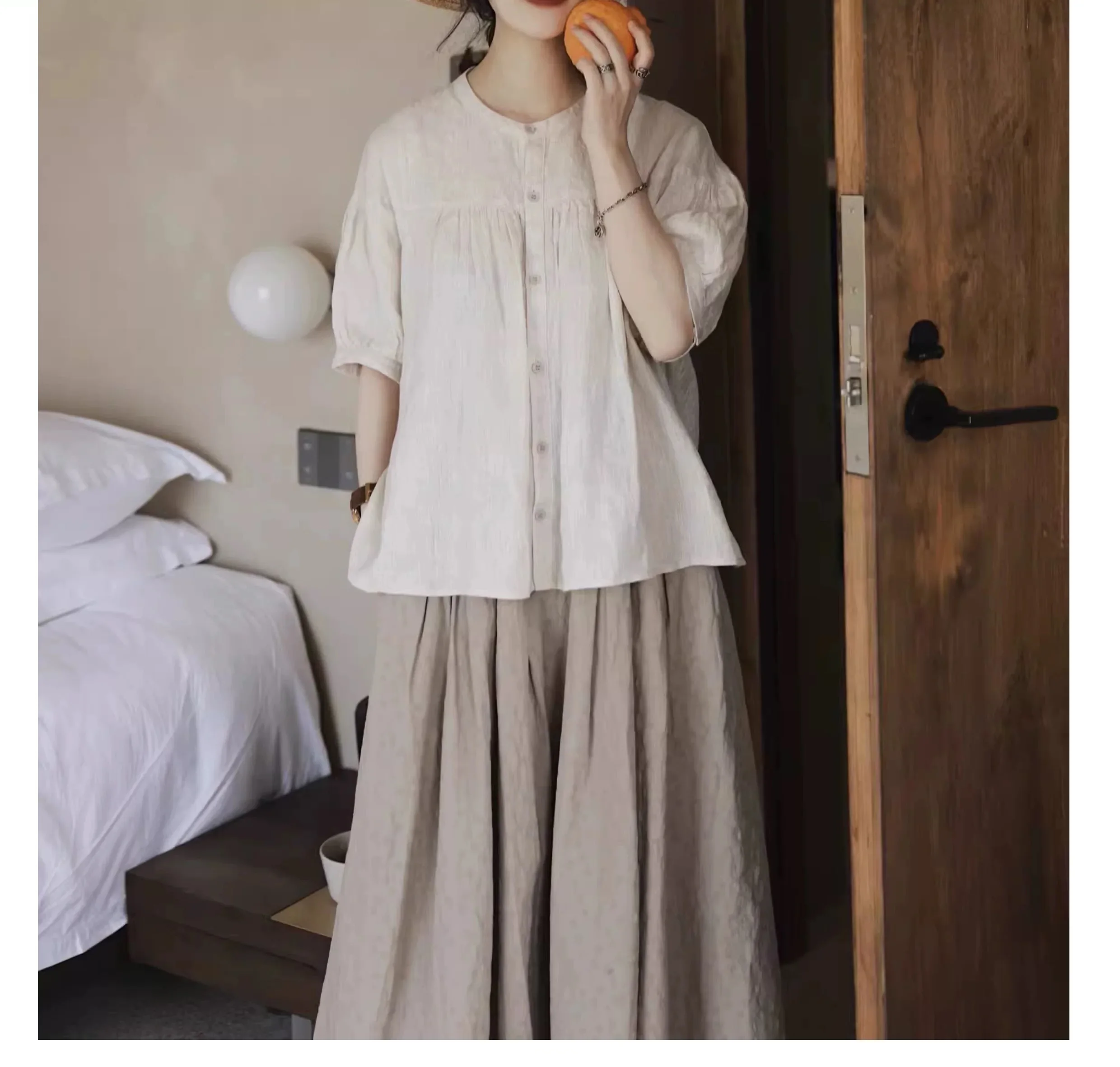 Casual Loose Women's Short Sleeve Shirt Summer New Style Lazy Bubble Sleeve Top Folded Japanese Artistic Countryside Style