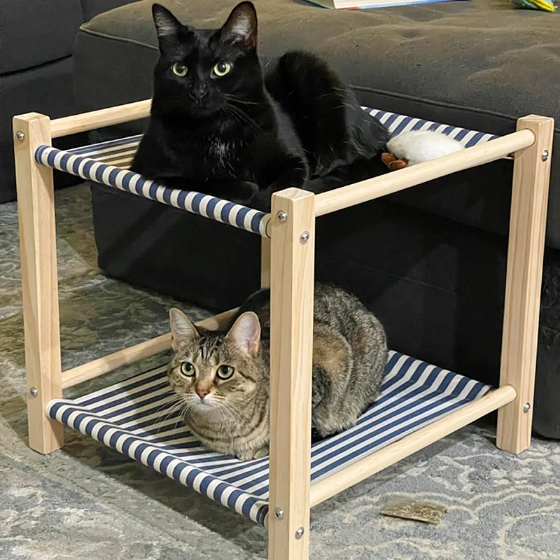 Cat Hammock Bed, Pine Wood Structure, 17.0 inches×17.0 inches 2 Layers Cat Hammocks, Elevated Cat Bed for Indoor Cats