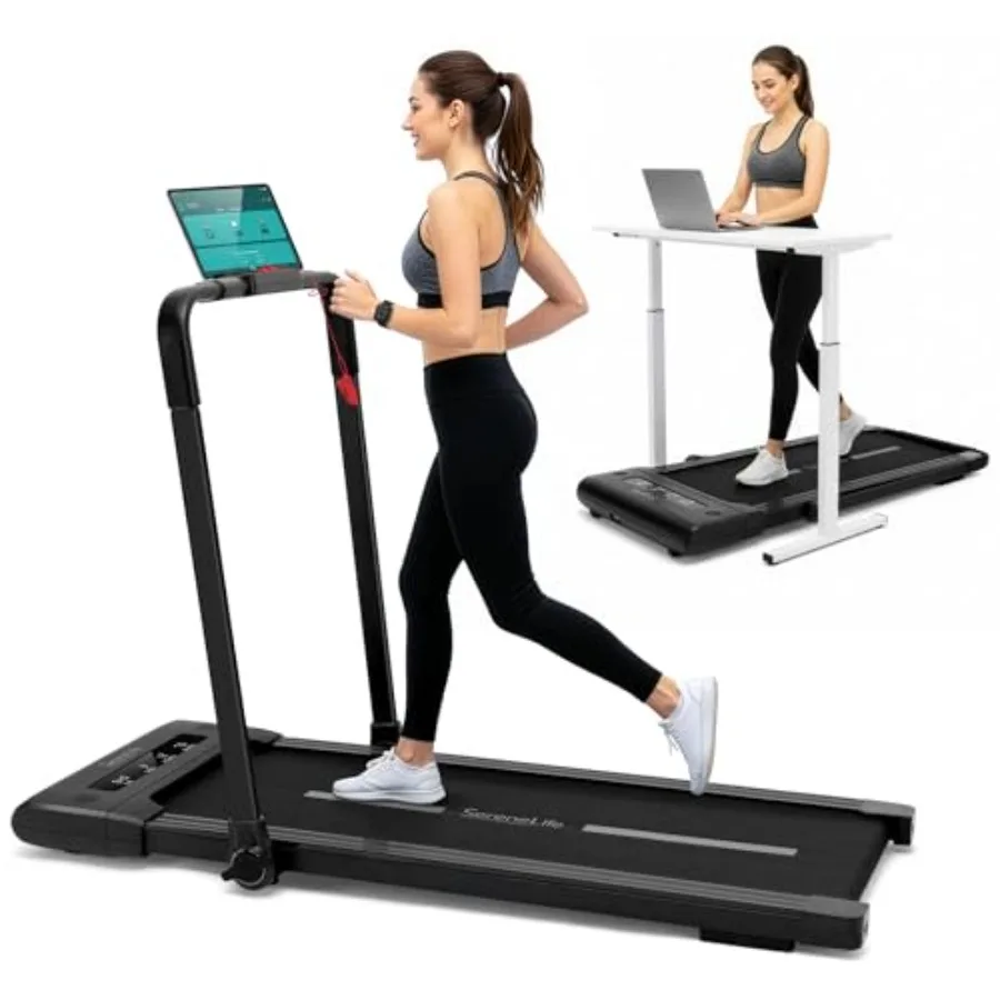 

Портативная складная беговая дорожка для дома и офиса, скорость 8,7 миль/ч, амортизация, LED-дисплей, коврик для ходьбы под столом с ручкой, приложение