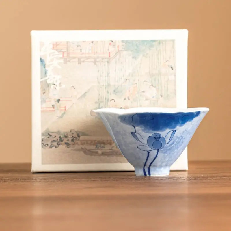

Hand Drawn Ceramic Blue Lotus Three Petal Bamboo Hat Cup, Tea Tasting Cup, Kung Fu Tea Cup, Tea Set Gift Box