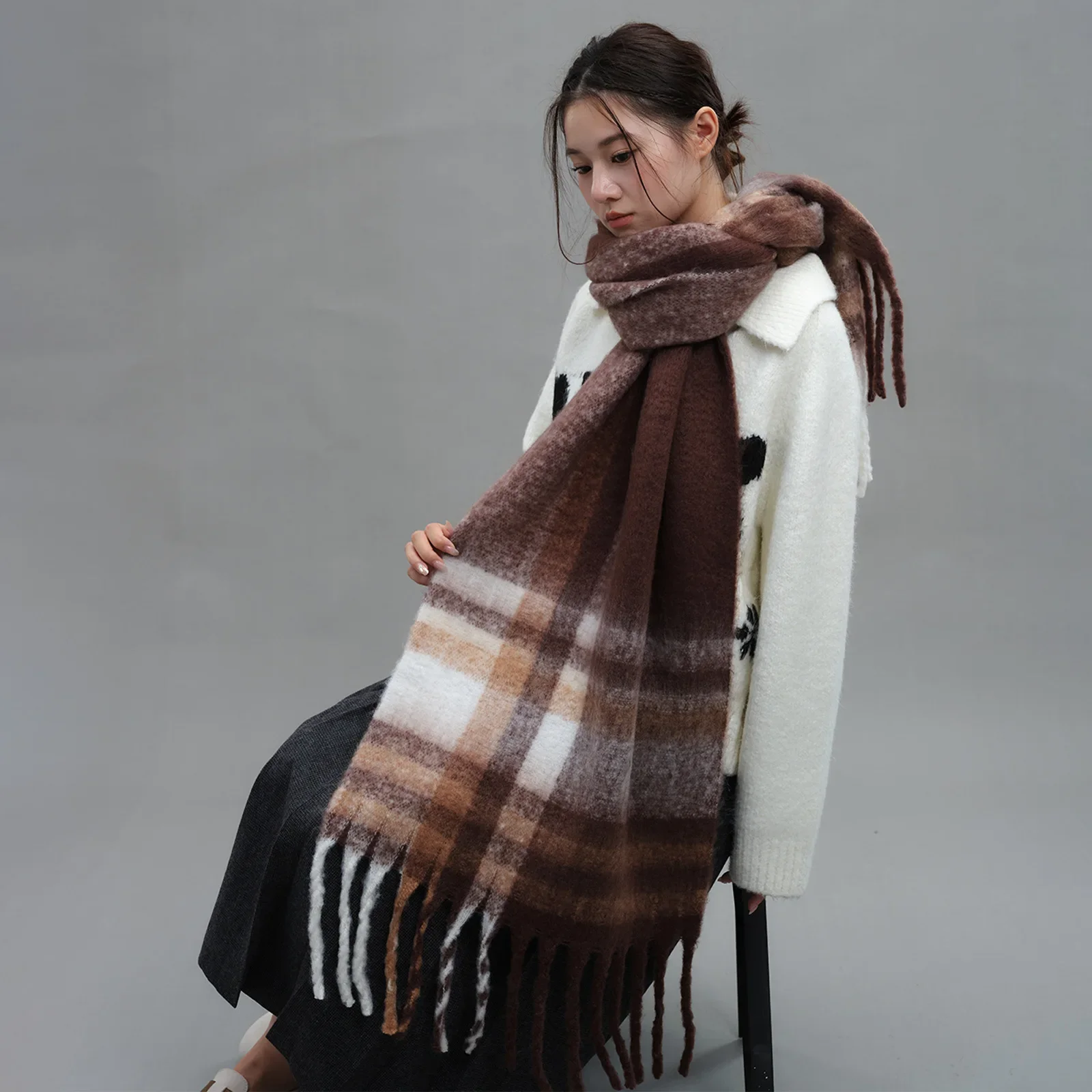 2024 New Cross border Retro Neutral Maillard Style Imitation Cashmere Checkered Women's Scarf for Winter Outdressing Warm Shawl