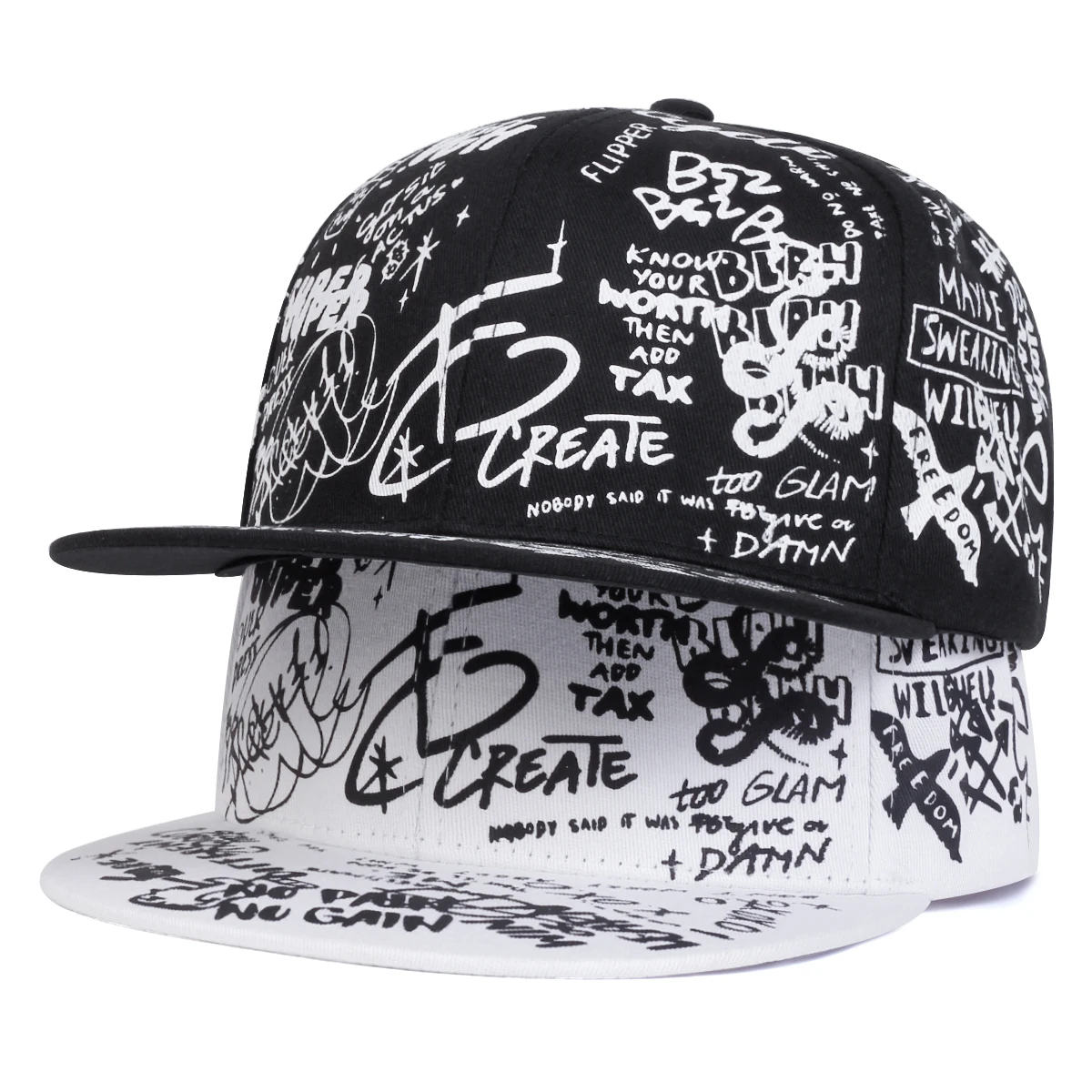 Unisex Black and white Letter Graffiti Printing Hip-hop Hats Spring Autumn Outdoor Adjustable Casual Baseball Caps Sunscreen Hat