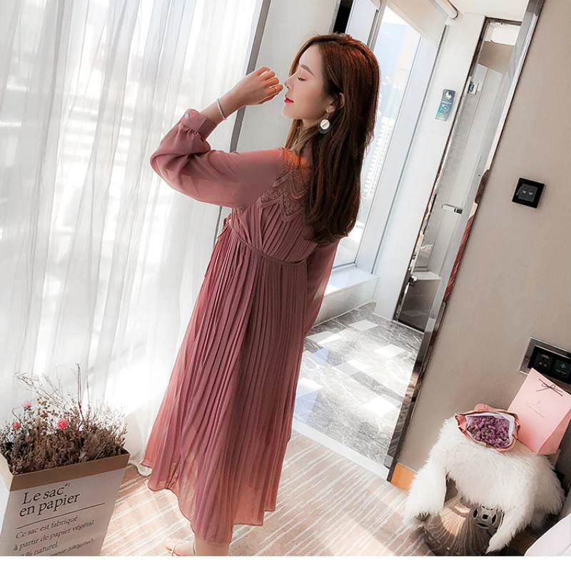 Chiffon Dresses Maternity Clothes For Pregnant Women Long Sleeve Pleated Dresses Pregnancy Maternity Dress Spring New