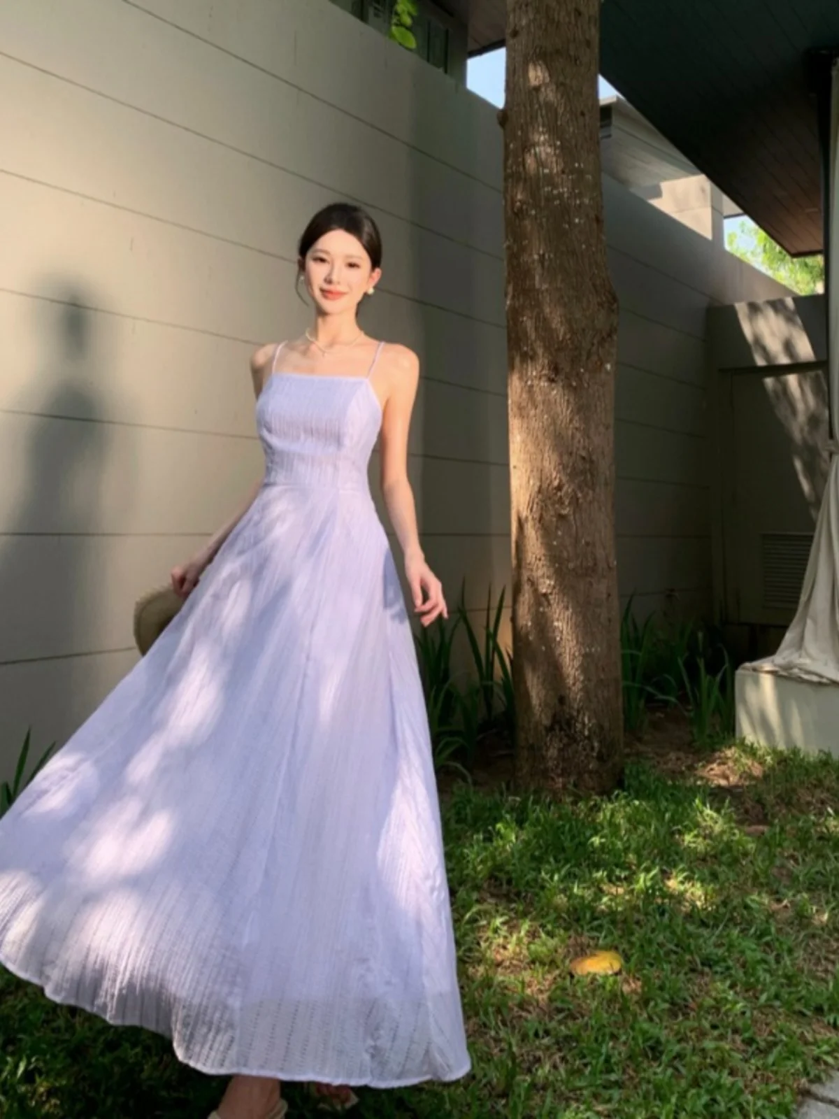 Hainan Sanya Photography Beach Skirt White and Slim-Looking Sweet Potato Purple Sling Backless Dress Seaside Vacation