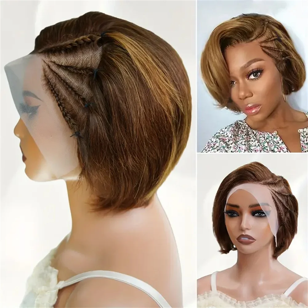 

13x4 Lace Front Wig Short Braided Wigs Pixie Cut Wig Human Hair Ombre Color Pre Plucked Braided Wig for Women
