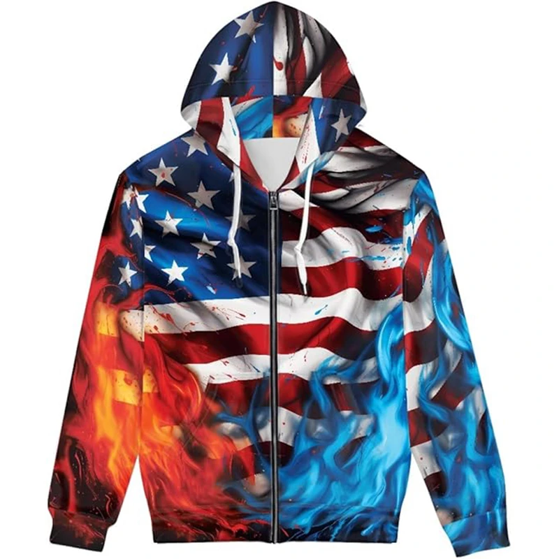 USA Flag Men's Zip Up Hoodies Autumn Fashion Skull 3D Printed Street Hip Hop Hooded Sweatshirts Long Sleeve Oversized Pullovers — zdjęcie 5