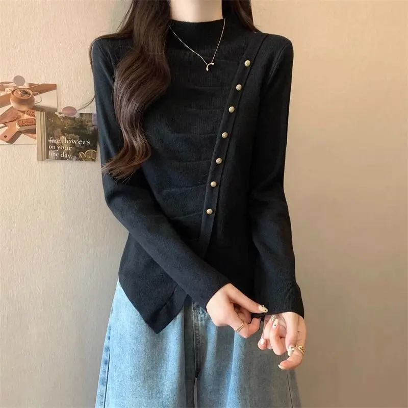 Casual Half High Collar T-shirt Autumn Winter Fashion Irregular Folds Female Clothing Solid Color Basic Spliced Button Pullovers