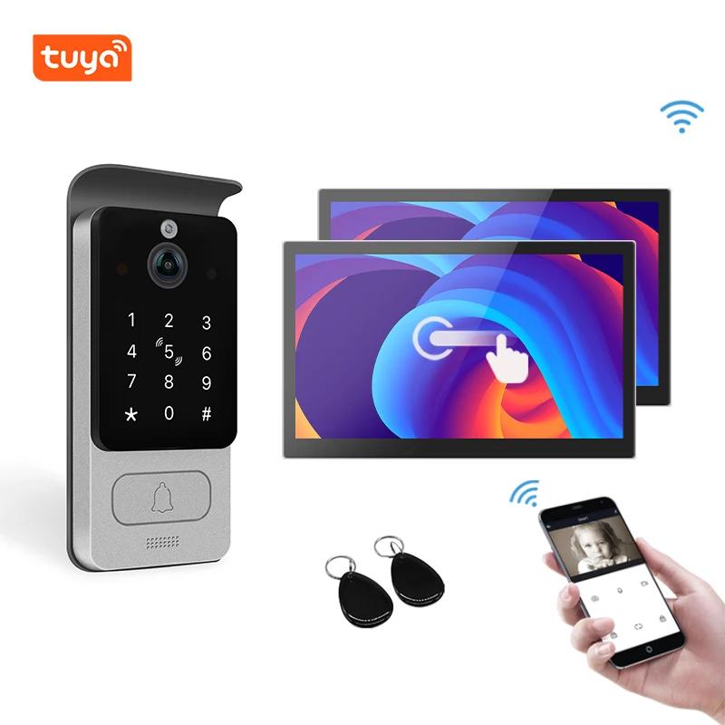 هاتف Tuya Smart 2MP IP Video Door مع شاشة لمس 10 بوصة ومواد معدنية تتميز بالتحكم في الوصول إلى البطاقة الممغنطة
