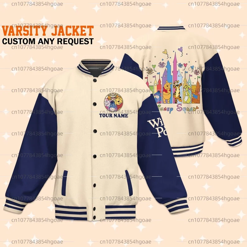 Free Customized Name Disney Minnie Baseball Jacket Disney Casual Baseball Jacket Oversize Street Men\'s and Women\'s Jacket
