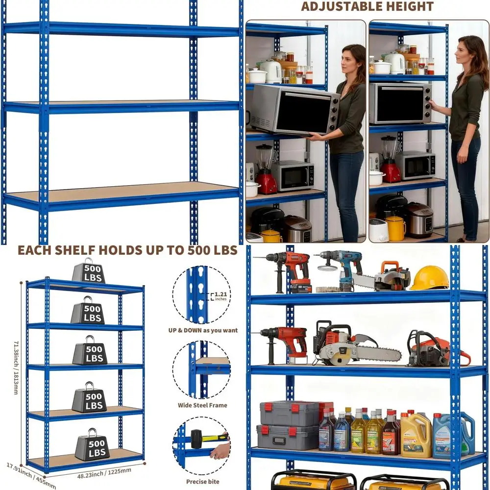 

Сверхмощный стальной стеллаж для хранения с 5 полками, емкостью 2500 фунтов, синий, 48x18x71 для гаража, склада и дома