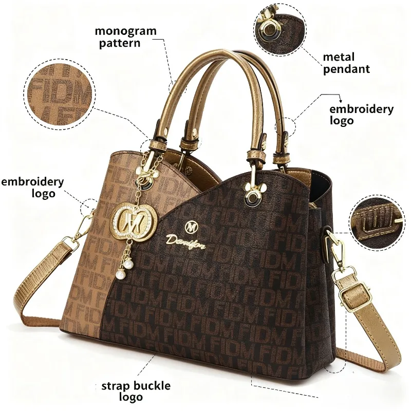 

Monogrammed Tote Bag with Metallic Accents and Charm Detail Elegant Handbag for Daily Use and Special Occasions