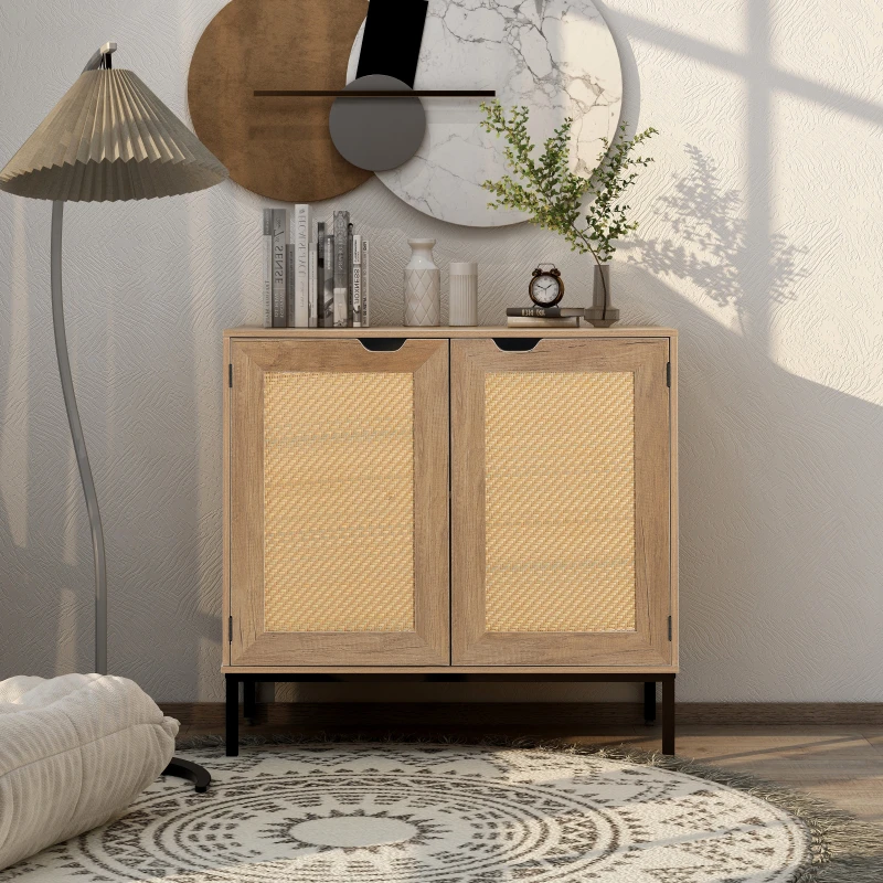 

Rustic Accent Storage Cabinet with 2 Rattan Doors, Mid Century Natural Wood Sideboard Furniture for Living Room