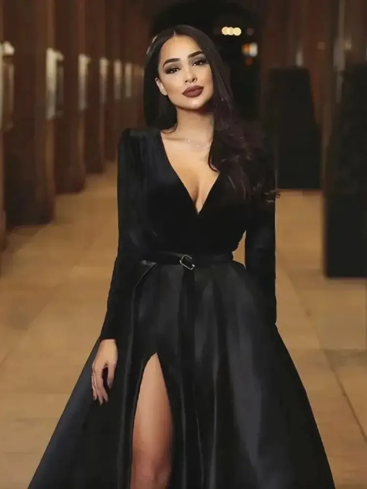 Black Satin V Neck Evening Dresses A-Line Long Sleeves Side Split Special Occasion Dress Formal Evening Go