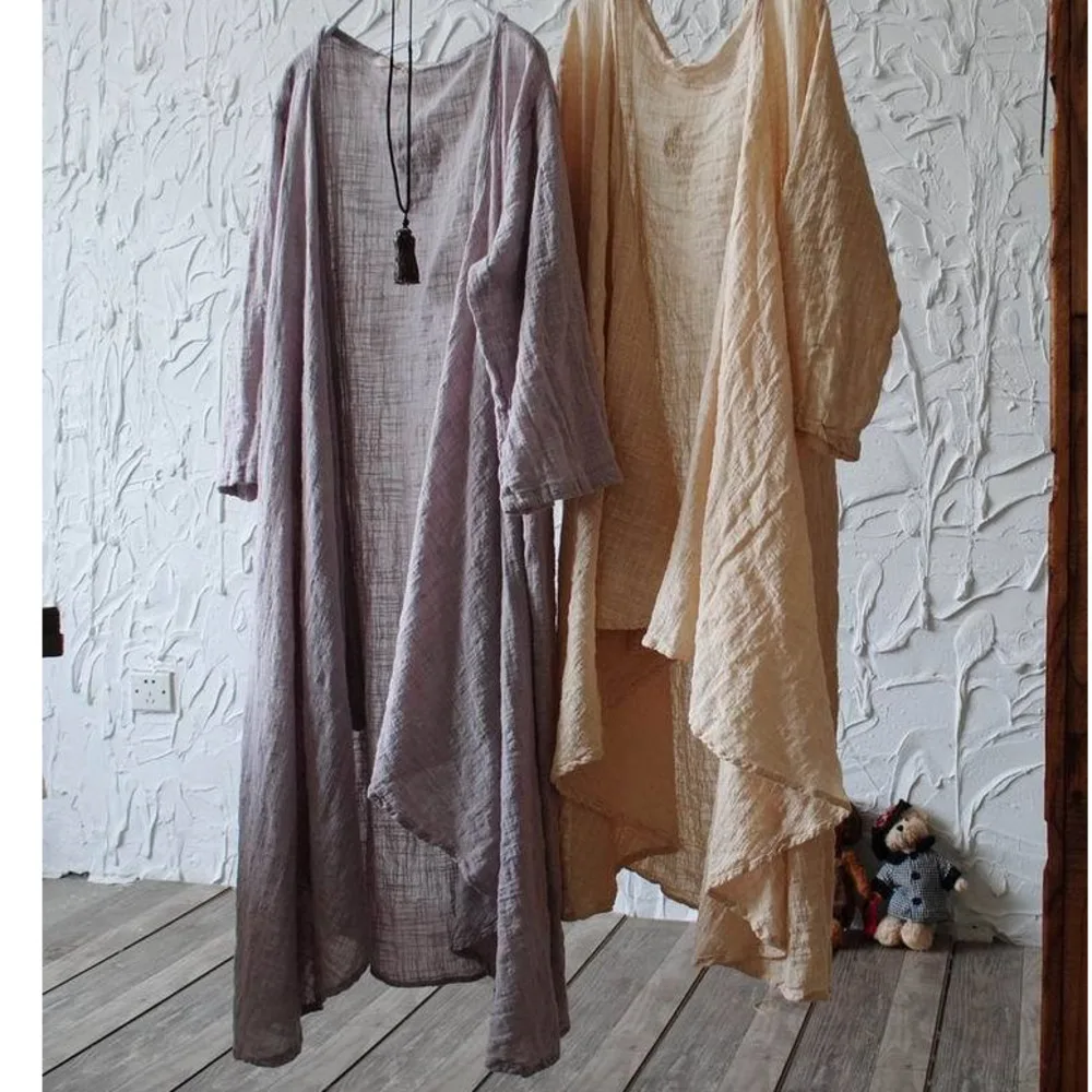 Letní volná bavlna, lněná dlouhá opalovací bunda, kabát, pevný, nepravidelný, ležérní, otevřený steh, ženy, vintage tenký kabát, topy, svrchní oblečení - náhled 6