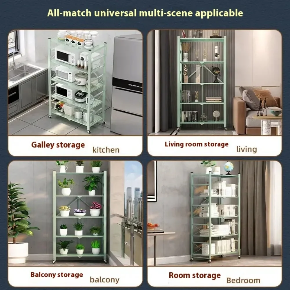 Iron Kitchen Storage Racks Folding Storage Rack Foldable Display Shelf with Wheels Installation-free Living Room Storage Rack