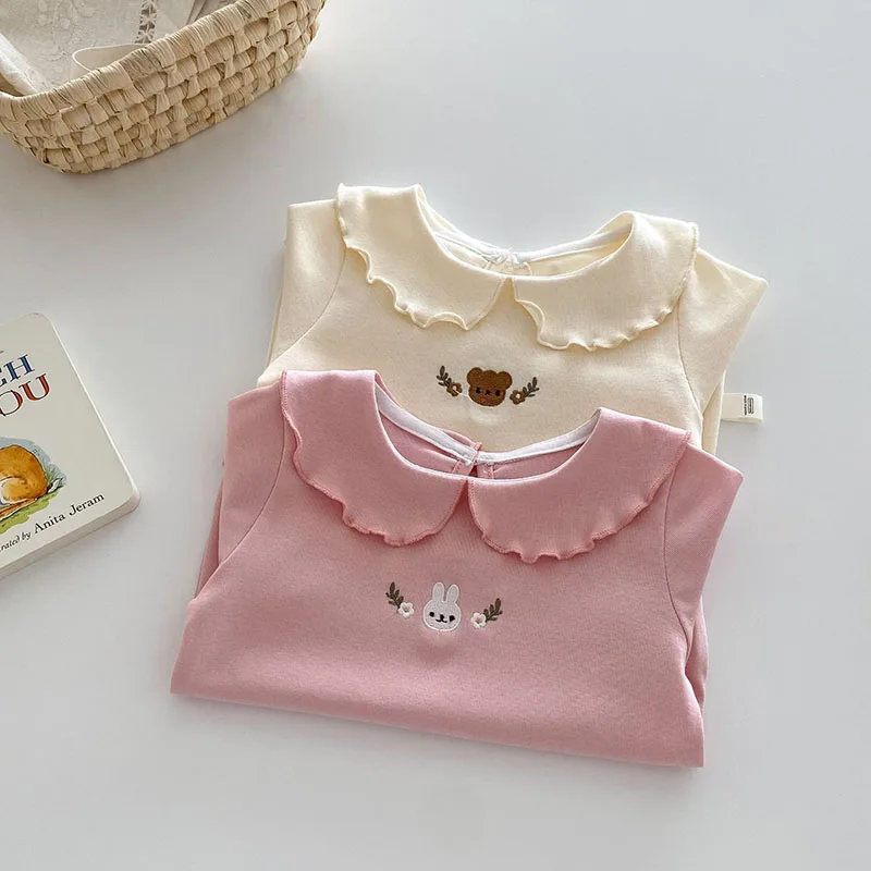 2024 New Autumn Baby Blouse Toddler Cute Embroidery Fitting Bunny Undershirt Kids Girls Bear Outwear Bottoming Shirt