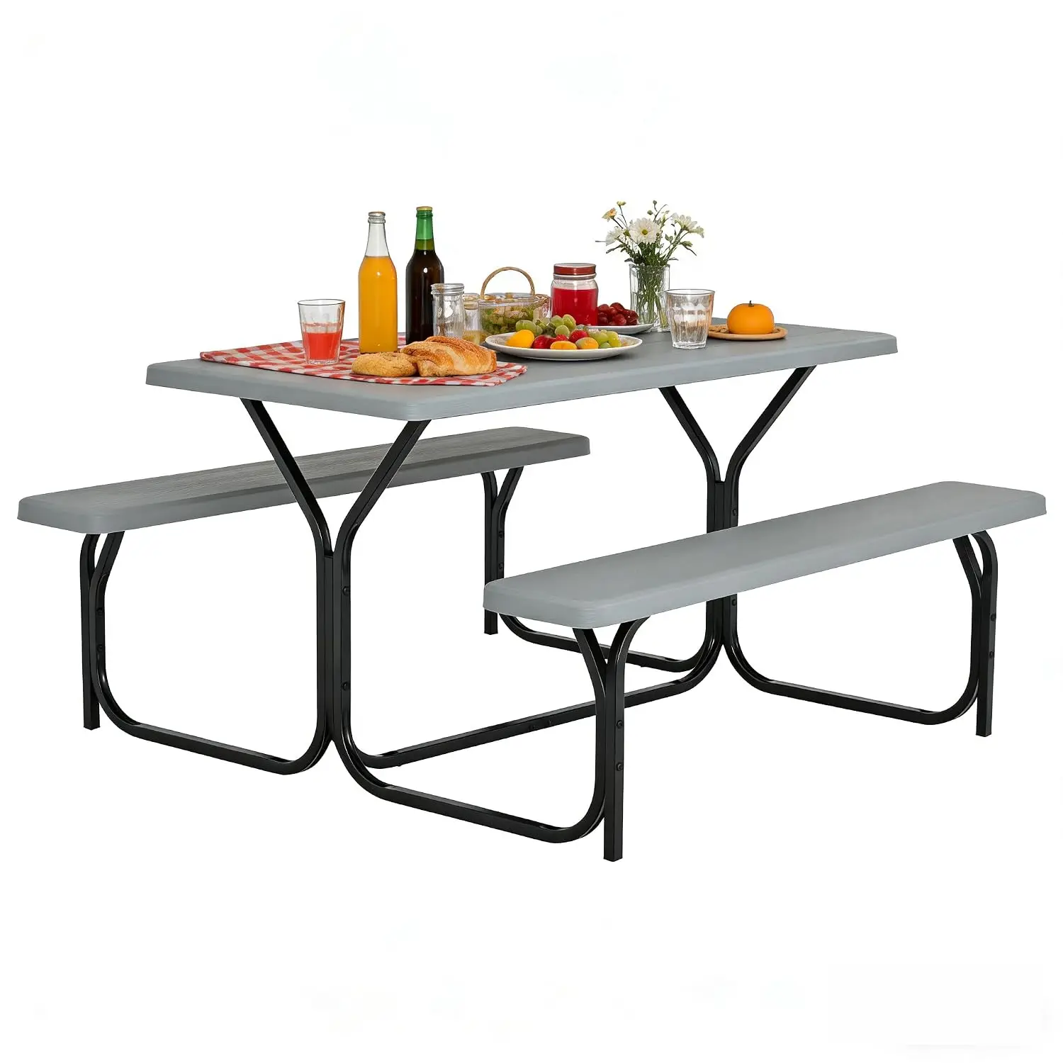 Outdoor Picnic Table, HDPE Plastic Picnic Table & Bench Set, Weather Resistant Wood Texture Tabletop for Patio Backyard