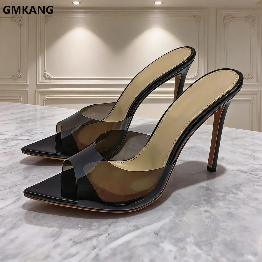 GMKANG Women Pointed Peep Toe Stiletto Heels Sandals PVC Candy Color Slippers Summer Thin Heels Party Dress Shoes