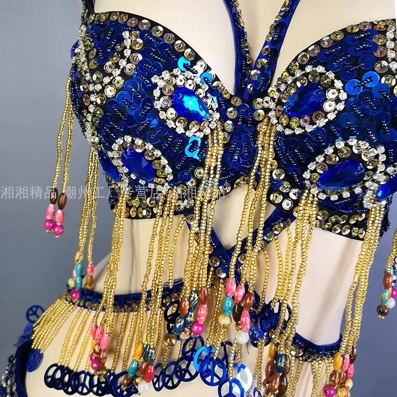 Women\'s Beaded Belly Dance Costume Top Bra+Belt 2pcs Set Bellydance Clothes Sexy Night Stage Dancewear Carnival Costume