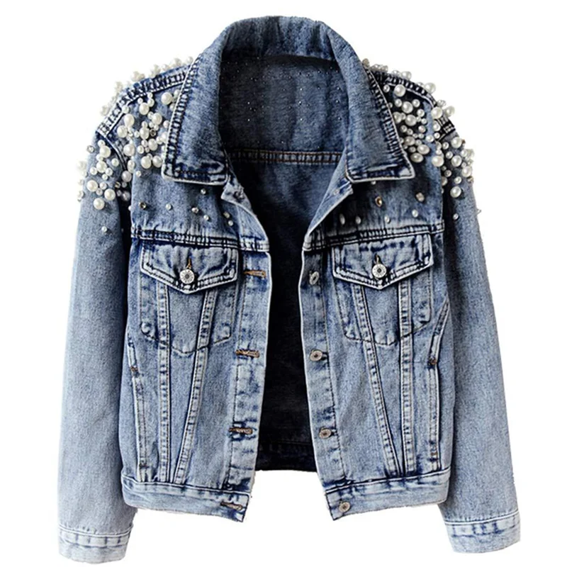ABBY-Women's Jean Jacket Embroidered Rivet Pearl Short Denim Jacket Coat