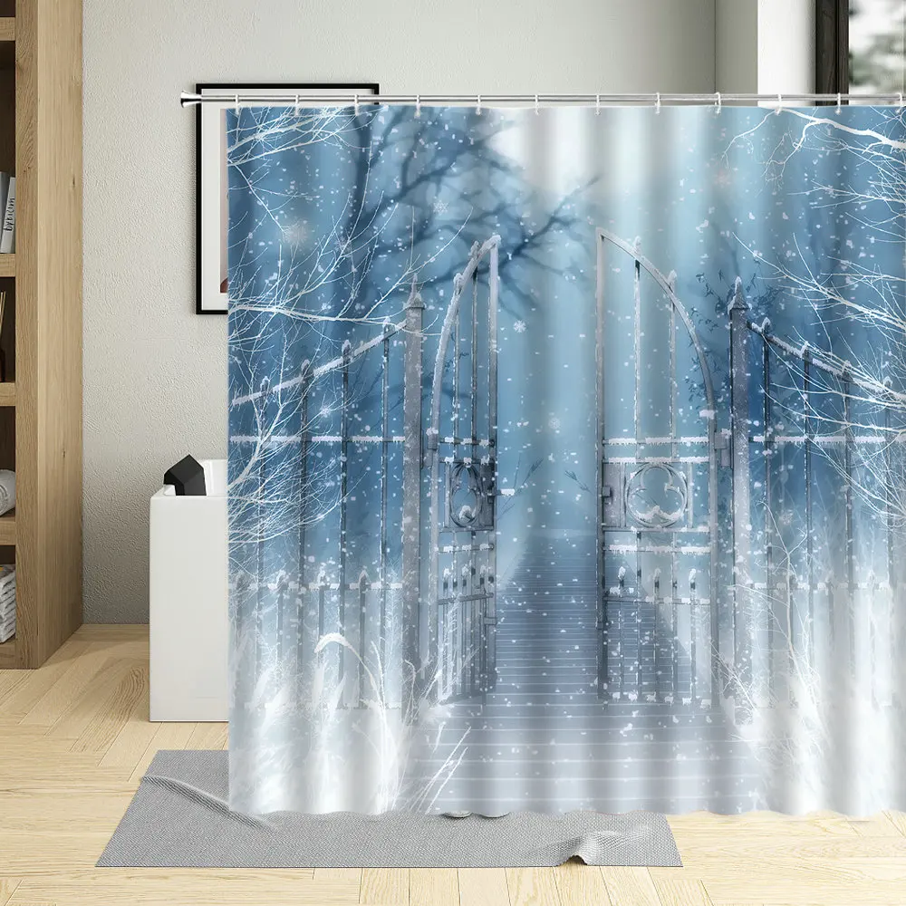 Winter Snowflake Nature Landscape Shower Curtain Snow Covered Frozen Tree Branches House Printing Bathroom Curtains With Hooks