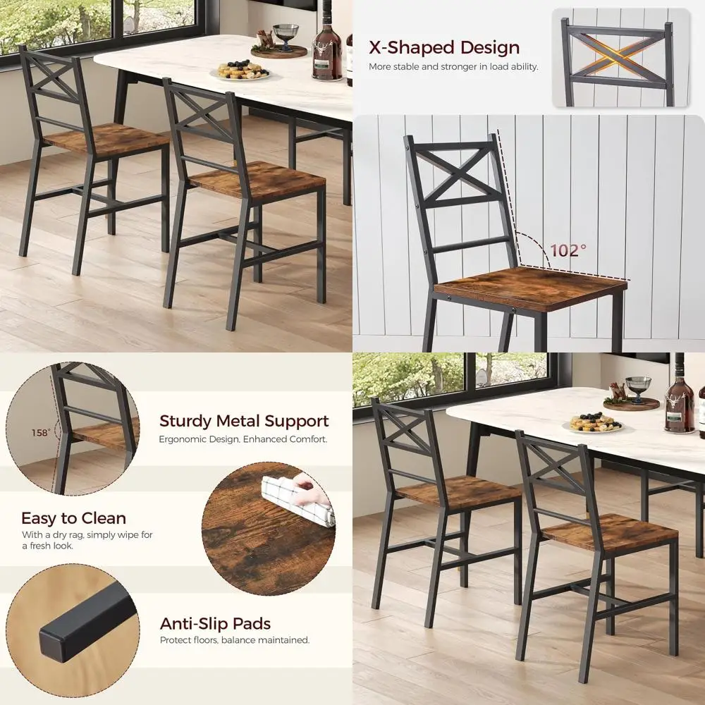 

Rustic Wooden Dining Chairs Set of 2 with Backrest, Industrial Style Metal Accents, Easy Assembly, Brown