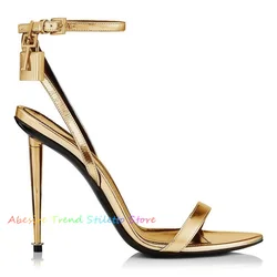 Gold Ankle Strap Stiletto Heels Lock Thin High Heel Sandals Open Toe Fashion Summer Shoes Solid Suede Metal Lock Decor Shoes