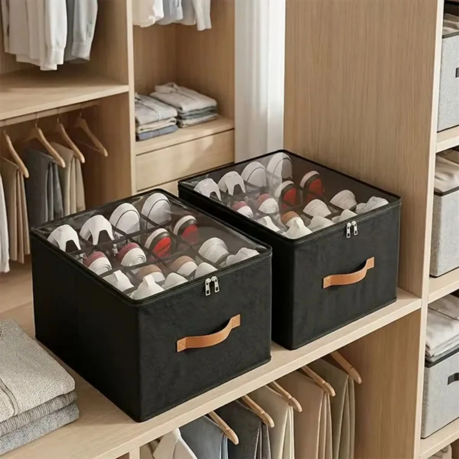 2 Pack Stackable Shoe Storage Boxes, Foldable Shoe Organizer Bins with Clear Lid and Reinforced Handles, Large Closet Storage for Boots, Sneakers and High Heel Shoes