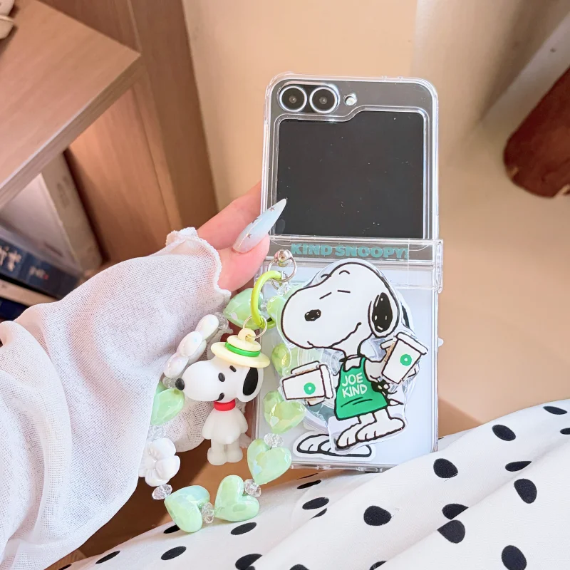 Fashion Cartoon Puppy Pattern Magnetic Phone Cover For Samsung Galaxy Z Flip 8 7 6 5 7 FE With Stand Mixed Beaded Hand Strap
