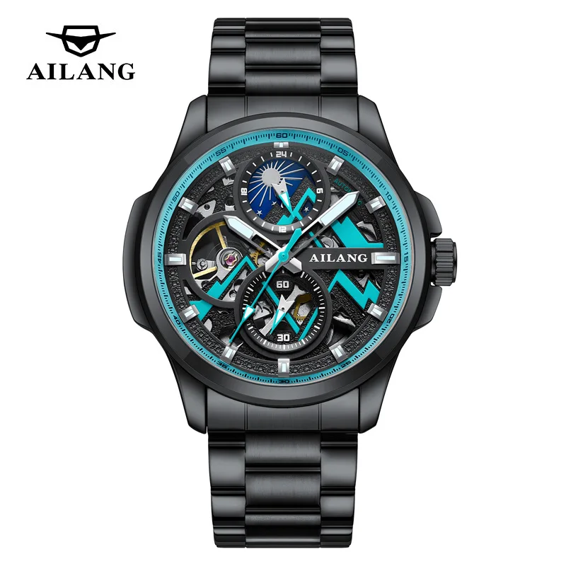 

AILANG Фирменные новые модные механические часы мужские водонепроницаемые мужские часы из нержавеющей стали со скелетом полые автоматические наручные часы мужские