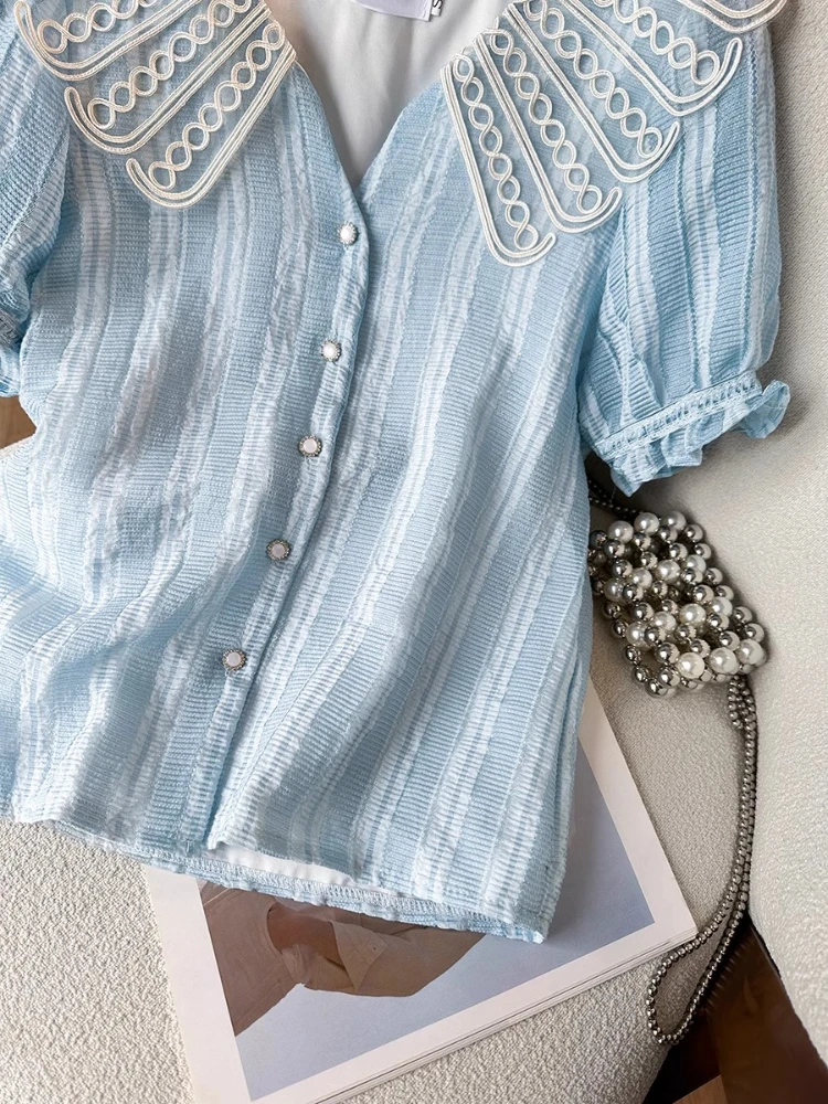 Summer Thin Blue Doll Collar Shirt Women 2024 New High Quality French Style Sweet Puff Sleeve Ruffled Stitching Top Trendy