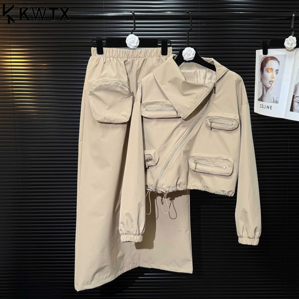 

KWTX Women’s 2 Piece Set Jacket & Skirt Suit Solid Color Lapel Zipper Pockets Vintage Fall Luxury Chic Trendy 2025 Outfit