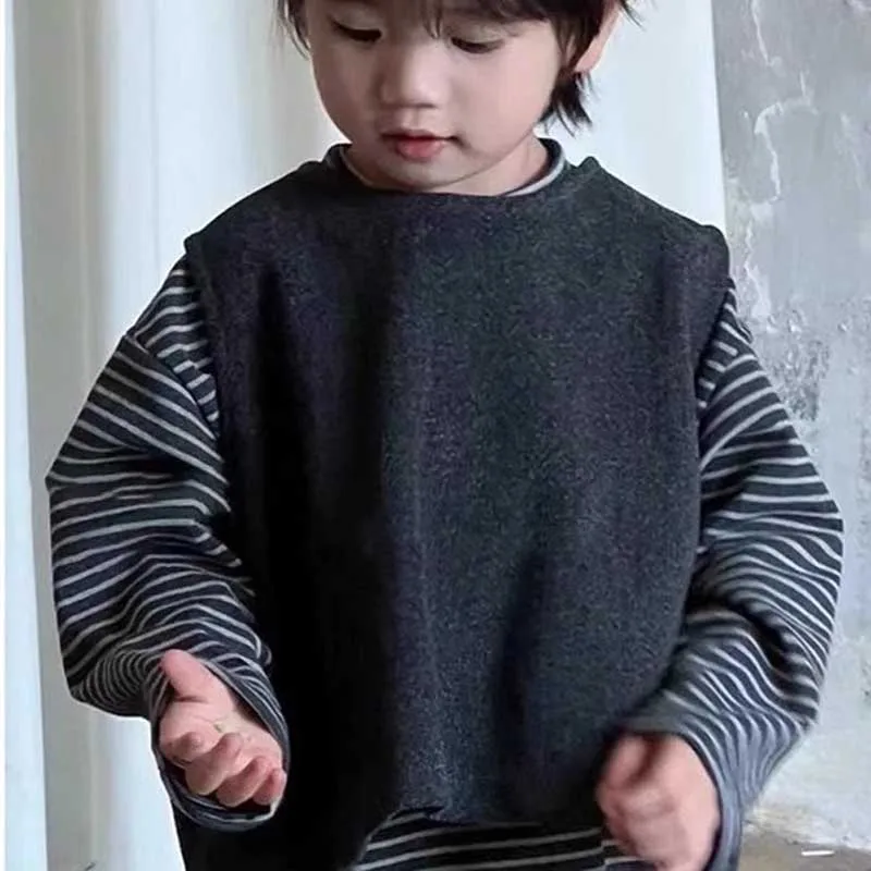 Boys Girls\' Clothing Set Wool Vest+Long Sleeve Striped Bottom Shirt+Casual Pants Autumn/Winter New 3Pcs Korea Siblings Suit