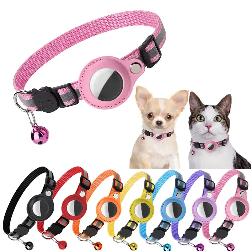 Dog Airtag Holder Collar Reflective Strip Nylon Adjustable Cat GPS Finder Anti-lost Location Tracker Bell Collar Pet Accessories