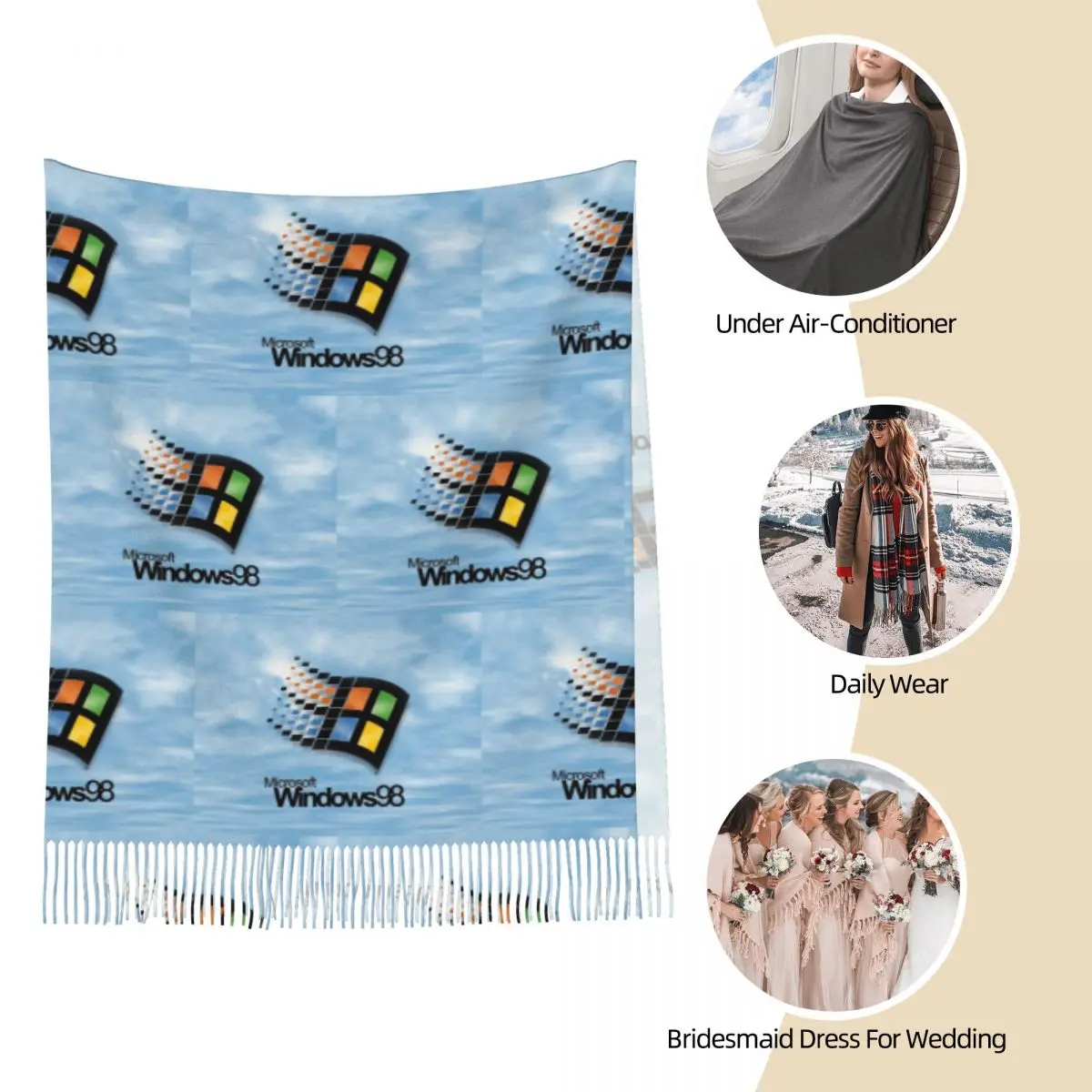 Windows 98 Start Screen Scarf Tassel Scarves للنساء شالات دافئة ناعمة ويلتف شال طويل الخريف والشتاء