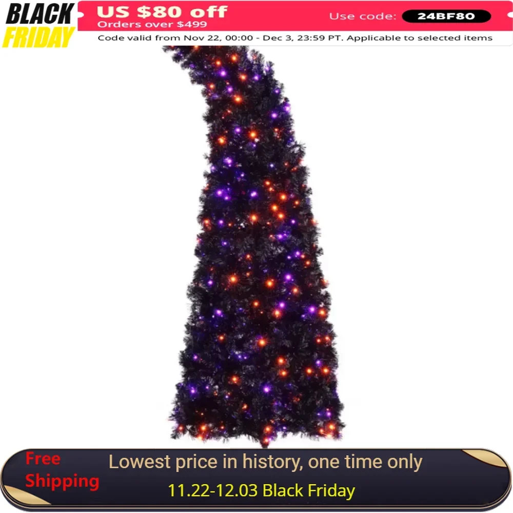 Black 400 Lights Purple and Orange 10 Functions with Remote Control 1050 Branches Wizard Hat Shape PVC Material Christmas Tree